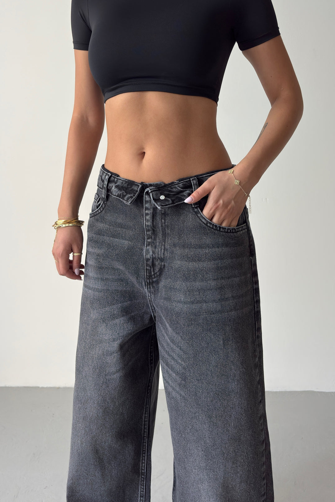 Routines Folded Waist Jeans - Washed Black 4545