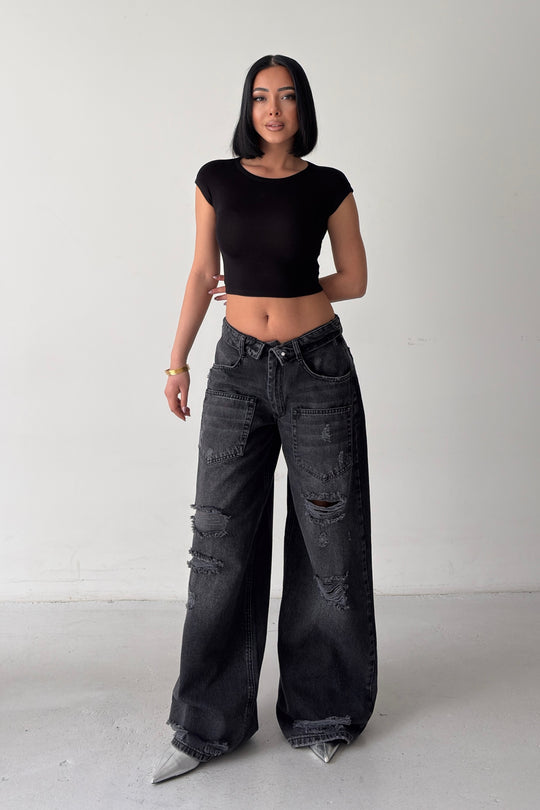 Routines Folded Waist Ripped Baggy Jeans - Black 4878 - ROUTINES