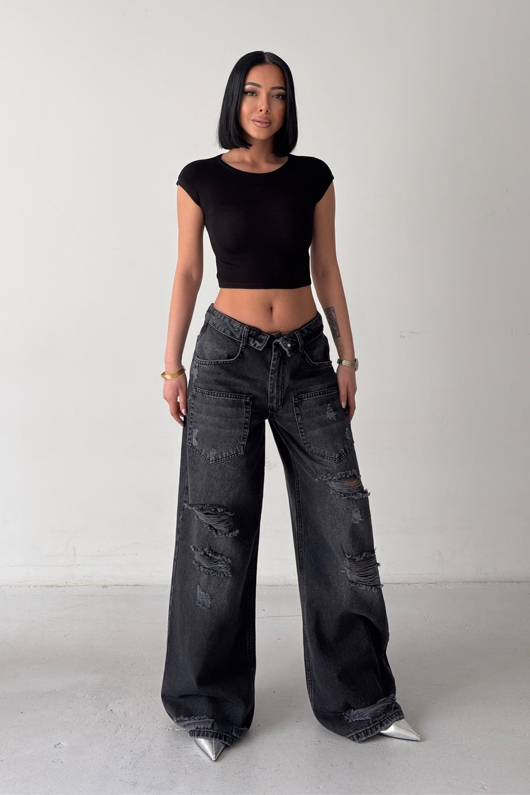 Routines Folded Waist Ripped Baggy Jeans - Black 4878 - ROUTINES