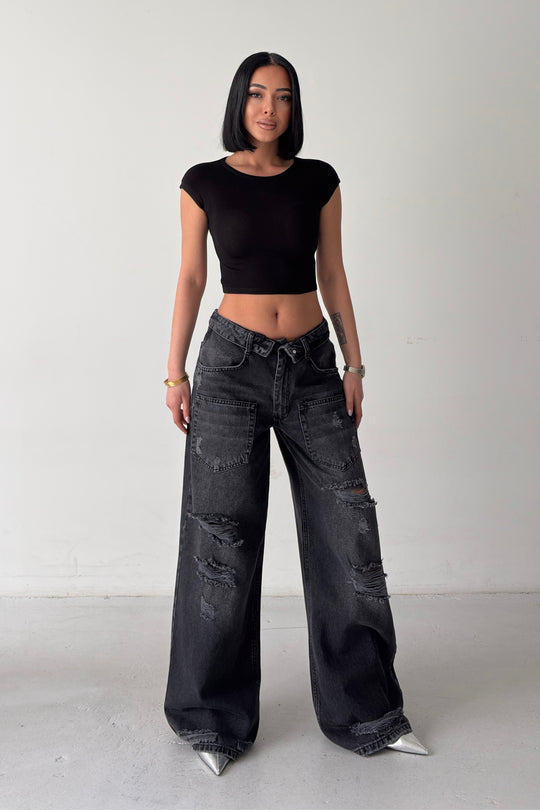 Routines Folded Waist Ripped Baggy Jeans - Black 4878 - ROUTINES
