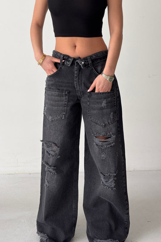 Routines Folded Waist Ripped Baggy Jeans - Black 4878 - ROUTINES