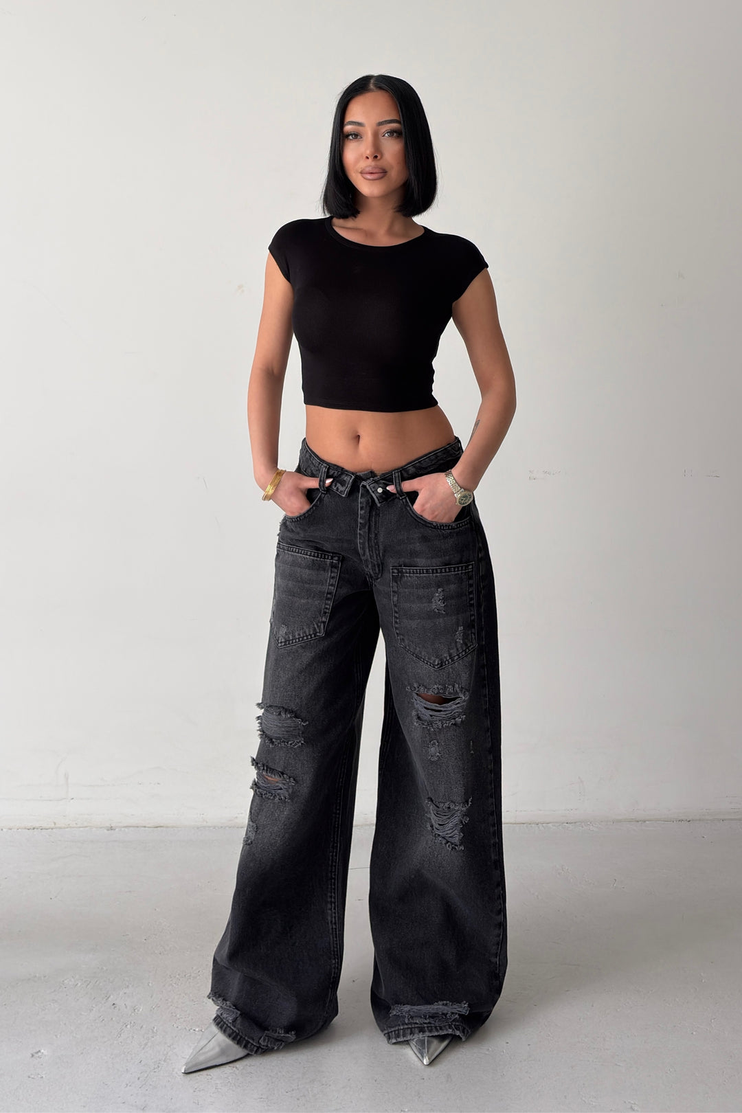 Routines Folded Waist Ripped Baggy Jeans - Black 4878 - ROUTINES