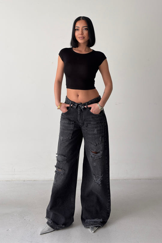 Routines Folded Waist Ripped Baggy Jeans - Black 4878 - ROUTINES