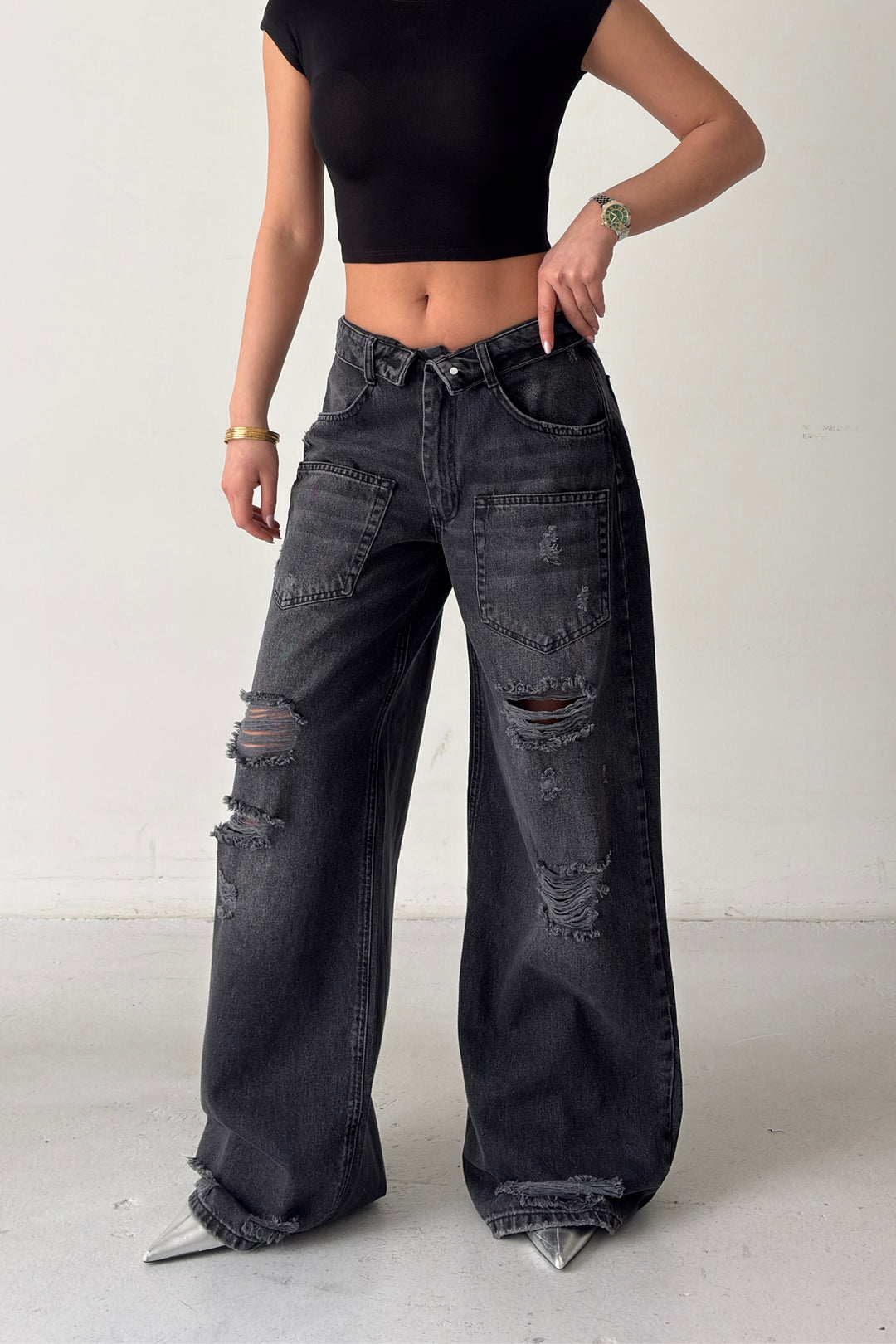 Routines Folded Waist Ripped Baggy Jeans - Black 4878 - ROUTINES