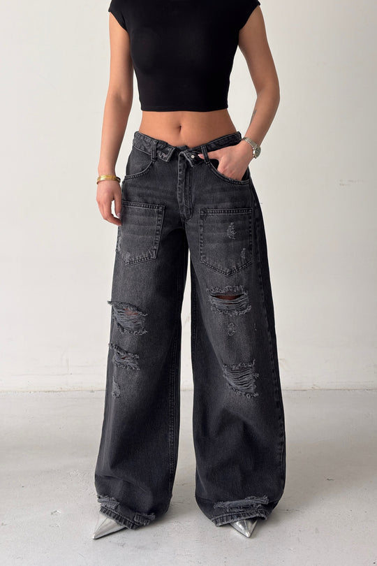 Routines Folded Waist Ripped Baggy Jeans - Black 4878 - ROUTINES