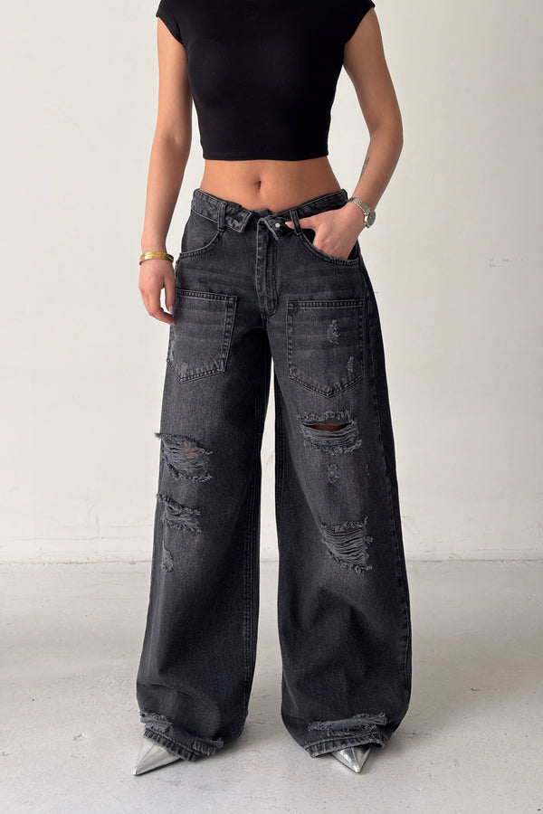 Routines Folded Waist Ripped Baggy Jeans - Black 4878 Jeans Routines Fashion