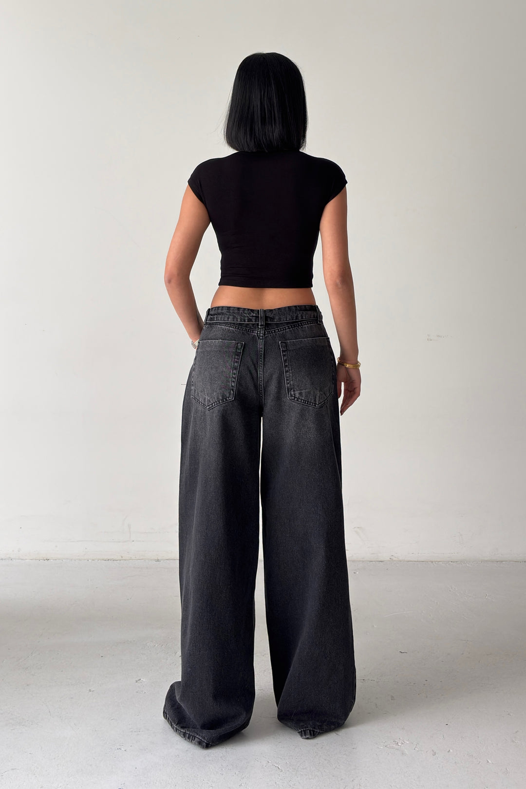 Routines Folded Waist Ripped Baggy Jeans - Black 4878 - ROUTINES