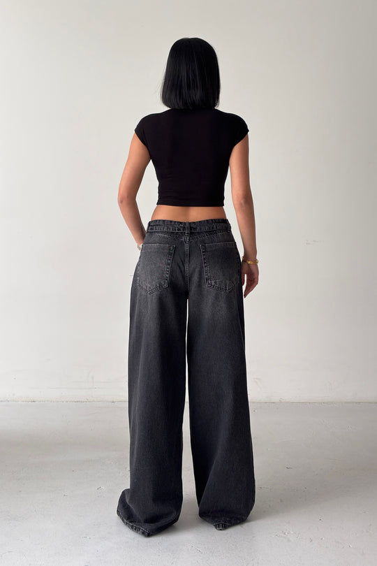 Routines Folded Waist Ripped Baggy Jeans - Black 4878 - ROUTINES