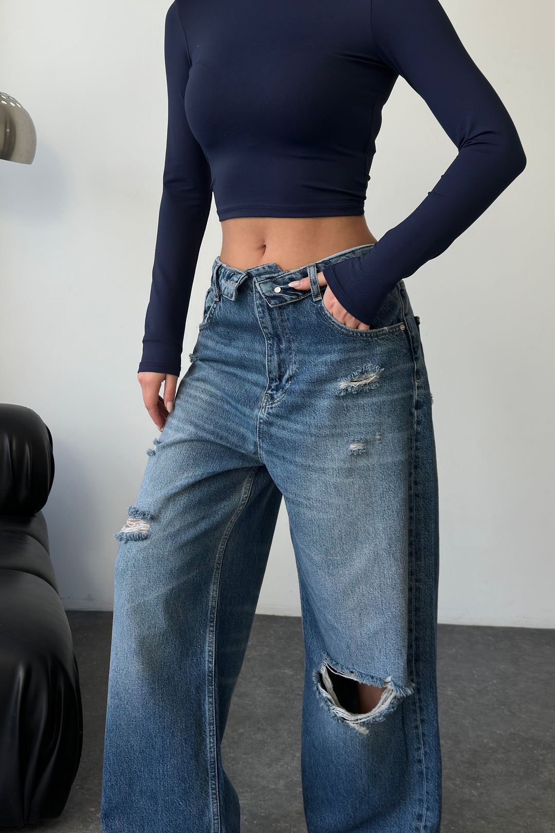 Routines Folded Waist Ripped Baggy Jeans - Dark Blue 8185-2