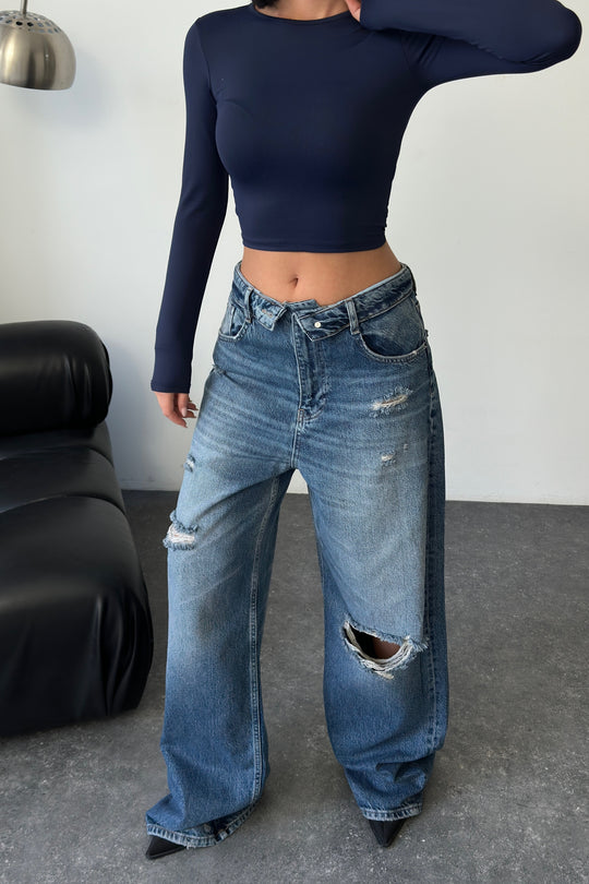 Routines Folded Waist Ripped Baggy Jeans - Dark Blue 8185-2