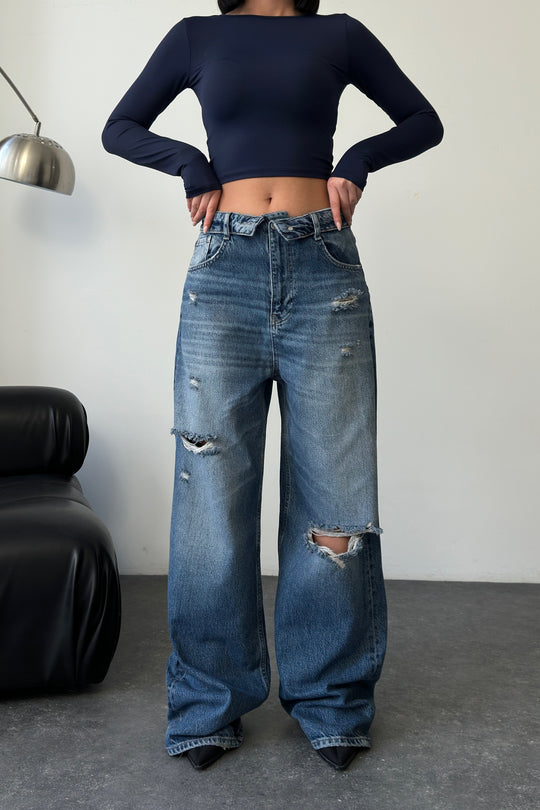 Routines Folded Waist Ripped Baggy Jeans - Dark Blue 8185-2