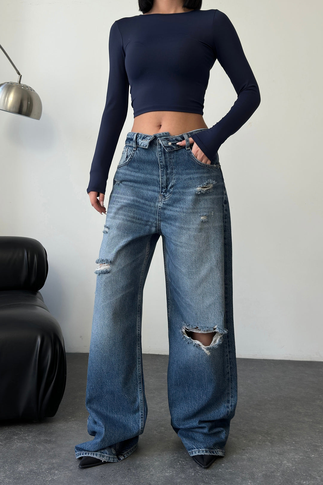 Routines Folded Waist Ripped Baggy Jeans - Dark Blue 8185-2