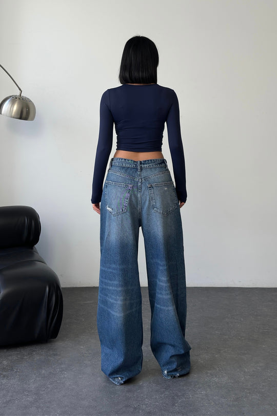 Routines Folded Waist Ripped Baggy Jeans - Dark Blue 8185-2