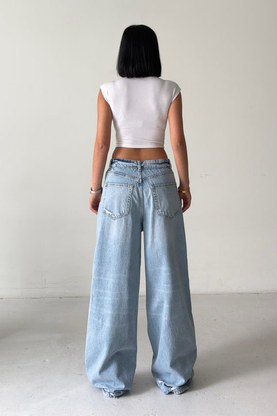 Routines Folded Waist Ripped Baggy Jeans - Light Blue 8185-1 - ROUTINES