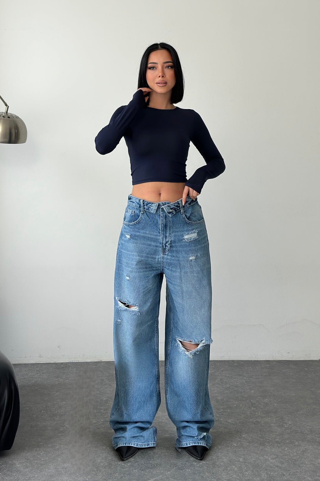 Routines Folded Waist Ripped Baggy Jeans - Mid Blue 8185-1