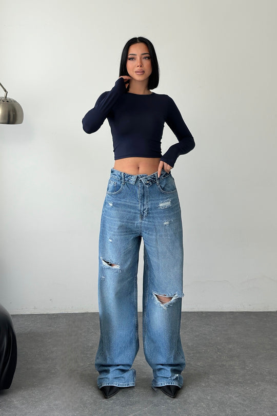 Routines Folded Waist Ripped Baggy Jeans - Mid Blue 8185-1