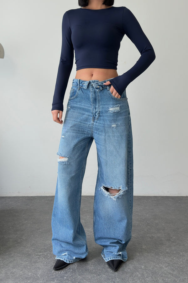 Routines Folded Waist Ripped Baggy Jeans - Mid Blue 8185-1