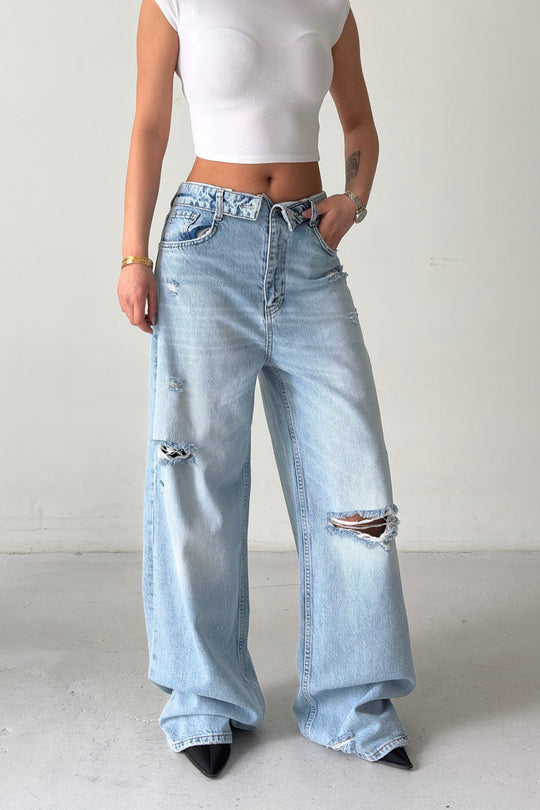 Routines Folded Waist Ripped Baggy Jeans - Light Blue 8185-1 - ROUTINES