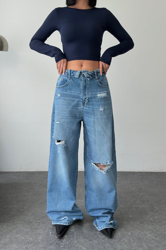 Routines Folded Waist Ripped Baggy Jeans - Mid Blue 8185-1