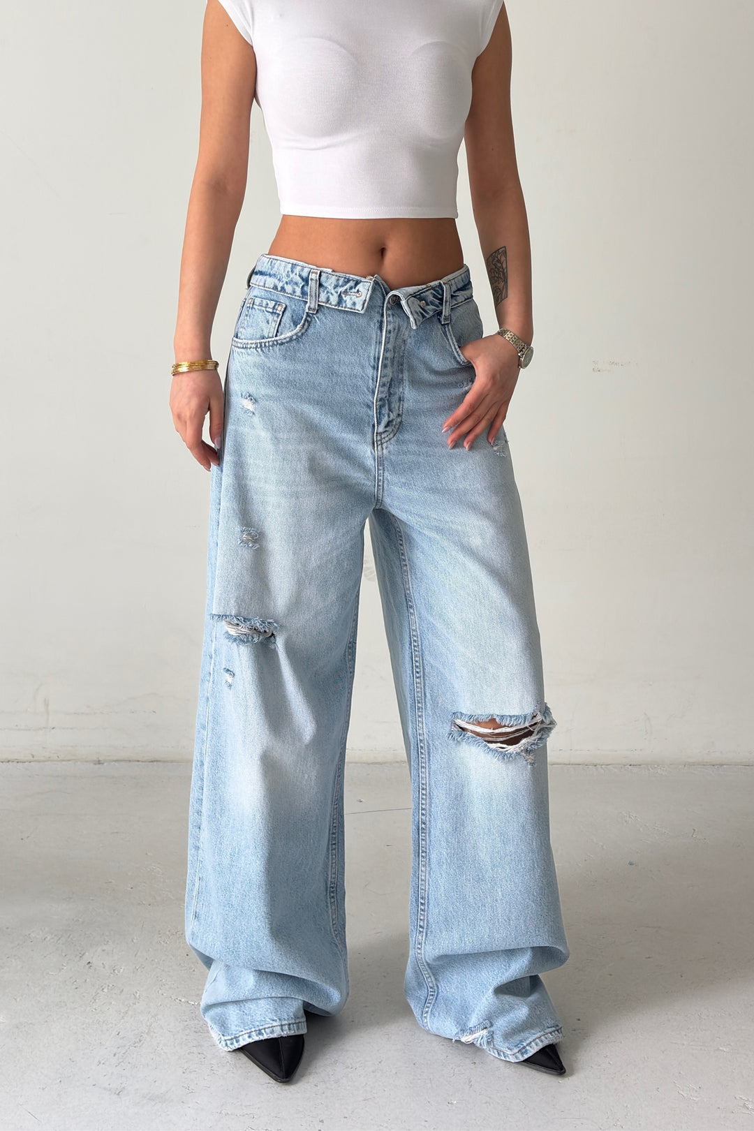 Routines Folded Waist Ripped Baggy Jeans - Light Blue 8185-1 - ROUTINES