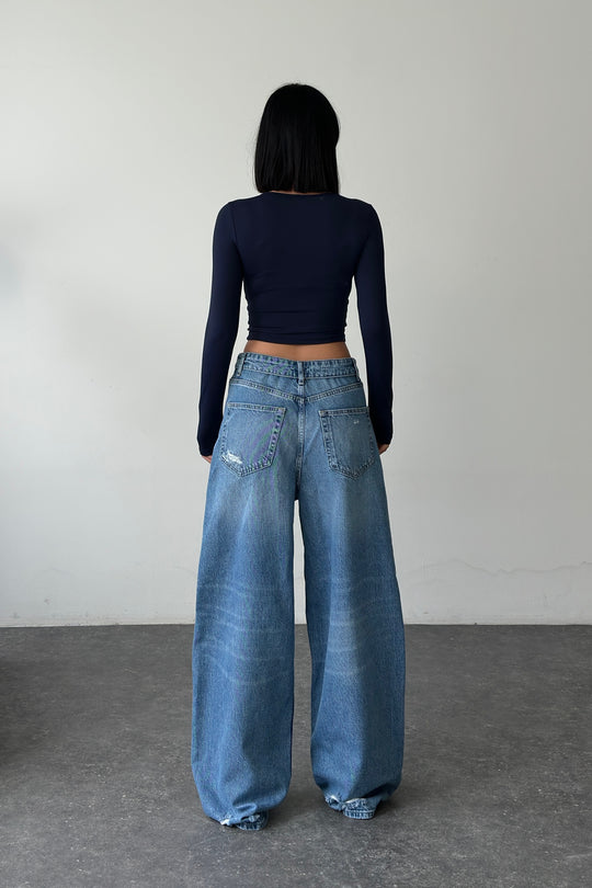 Routines Folded Waist Ripped Baggy Jeans - Mid Blue 8185-1