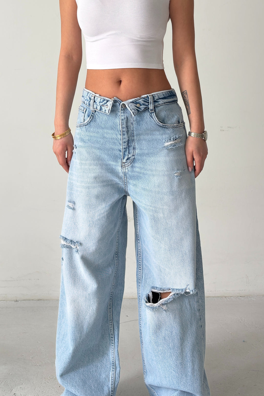 Routines Folded Waist Ripped Baggy Jeans - Light Blue 8185-1 - ROUTINES