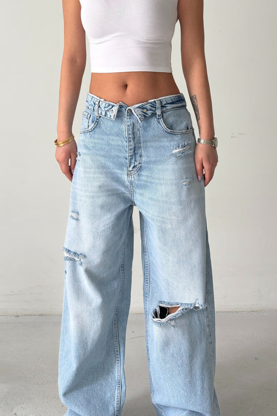 Routines Folded Waist Ripped Baggy Jeans - Light Blue 8185-1 - ROUTINES