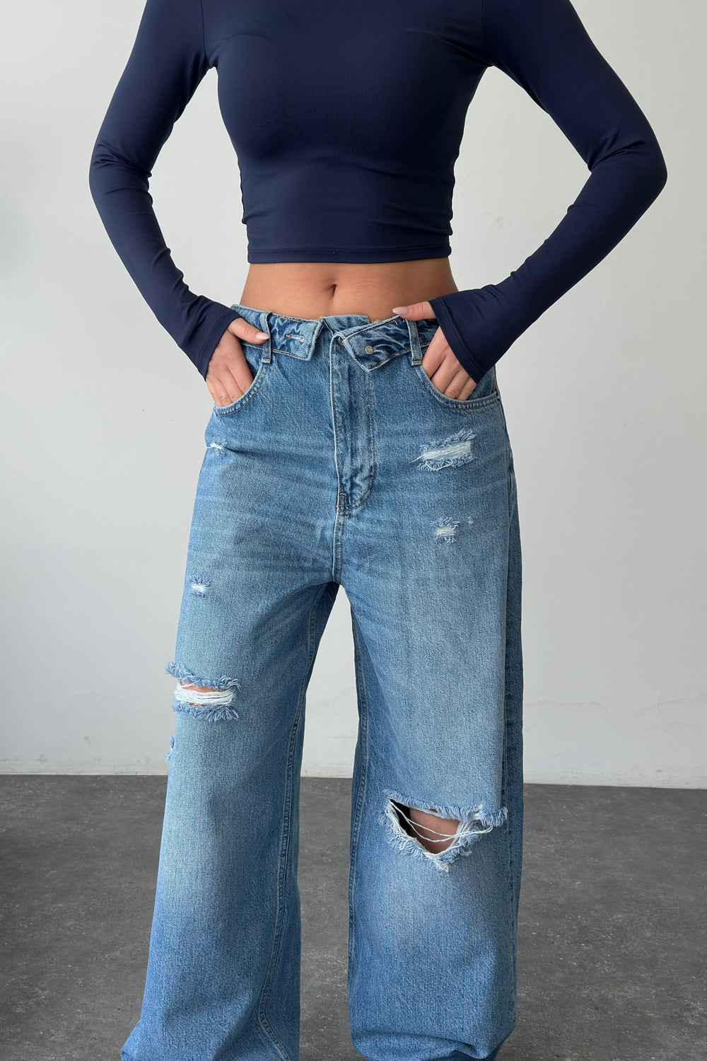 Routines Folded Waist Ripped Baggy Jeans - Mid Blue 8185-1