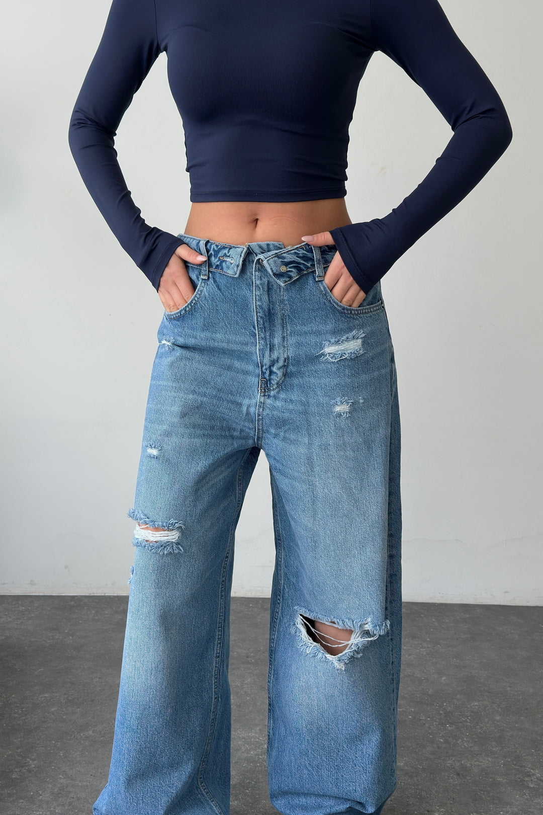 Routines Folded Waist Ripped Baggy Jeans - Mid Blue 8185-1