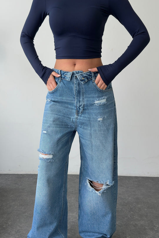 Routines Folded Waist Ripped Baggy Jeans - Mid Blue 8185-1