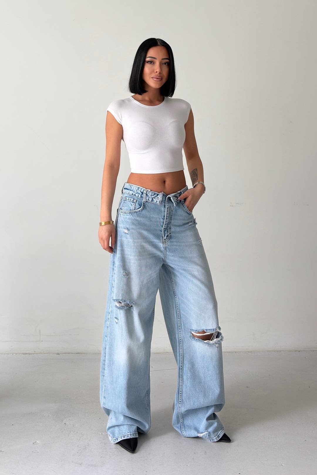 Routines Folded Waist Ripped Baggy Jeans - Light Blue 8185-1 - ROUTINES
