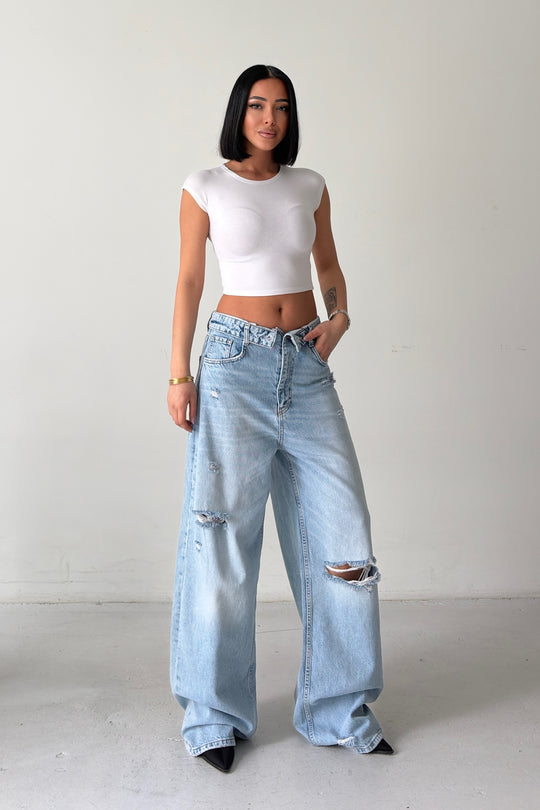 Routines Folded Waist Ripped Baggy Jeans - Light Blue 8185-1 - ROUTINES