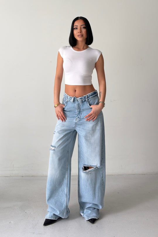 Routines Folded Waist Ripped Baggy Jeans - Light Blue 8185-1 - ROUTINES