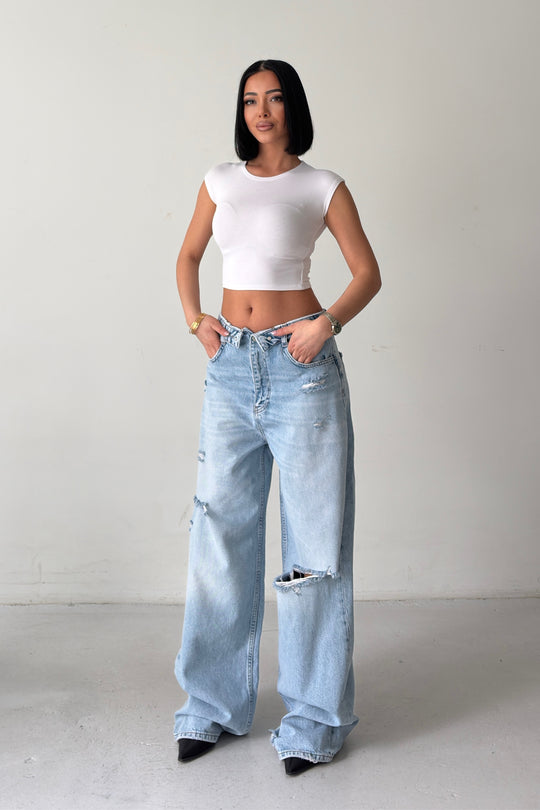 Routines Folded Waist Ripped Baggy Jeans - Light Blue 8185-1 - ROUTINES
