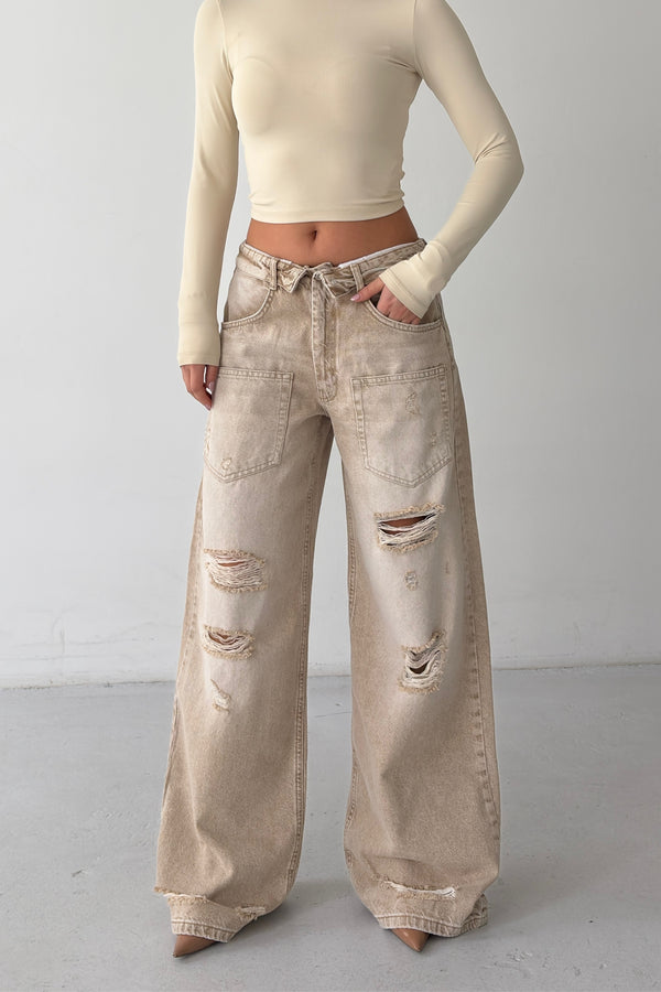 Routines Folded Waist Ripped Baggy Jeans - Stone 4878