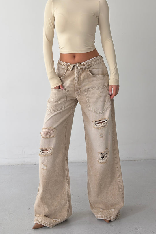 Routines Folded Waist Ripped Baggy Jeans - Stone 4878 - ROUTINES