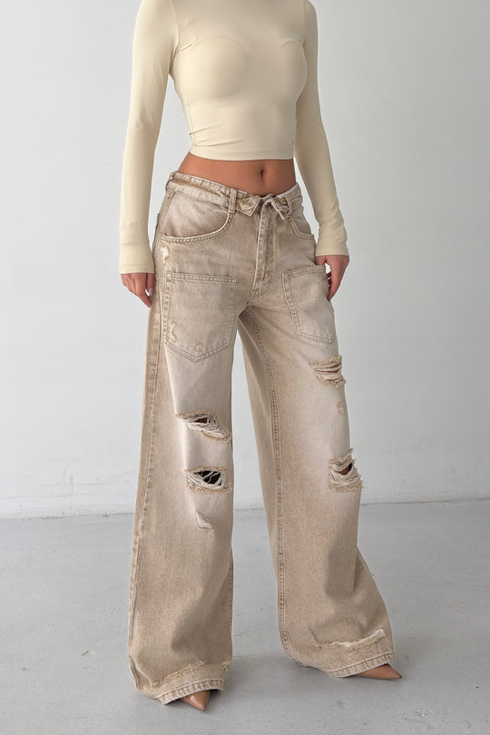 Routines Folded Waist Ripped Baggy Jeans - Stone 4878 - ROUTINES