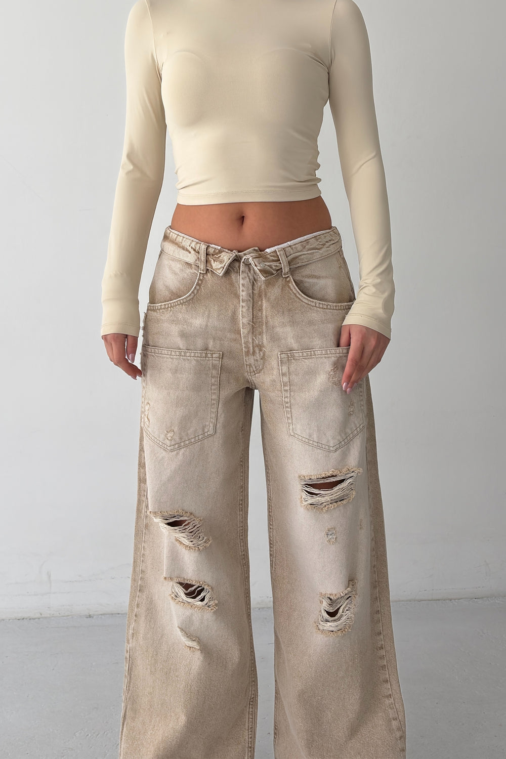 Routines Folded Waist Ripped Baggy Jeans - Stone 4878 (PRE-ORDER) - ROUTINES