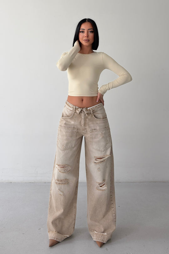 Routines Folded Waist Ripped Baggy Jeans - Stone 4878 - ROUTINES