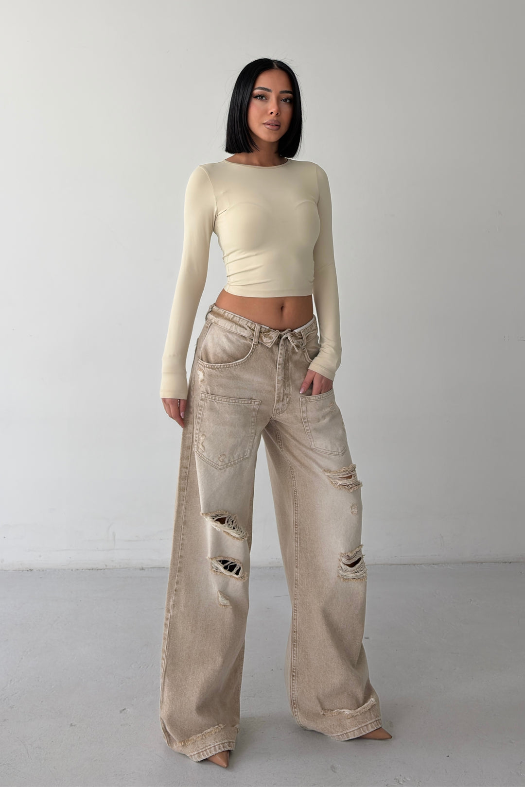 Routines Folded Waist Ripped Baggy Jeans - Stone 4878 - ROUTINES