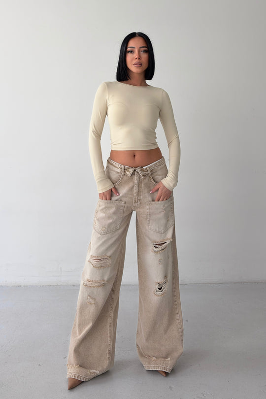 Routines Folded Waist Ripped Baggy Jeans - Stone 4878 - ROUTINES