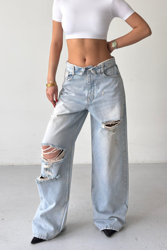 Routines Folded Waist Ripped Baggy Jeans 1480-11