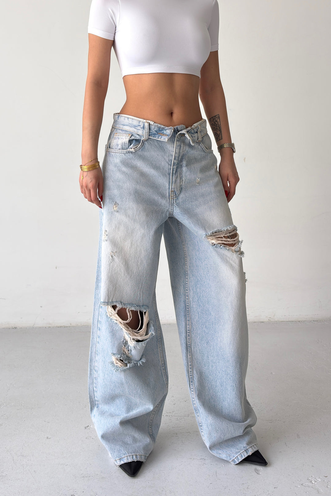 Routines Folded Waist Ripped Baggy Jeans 1480-11