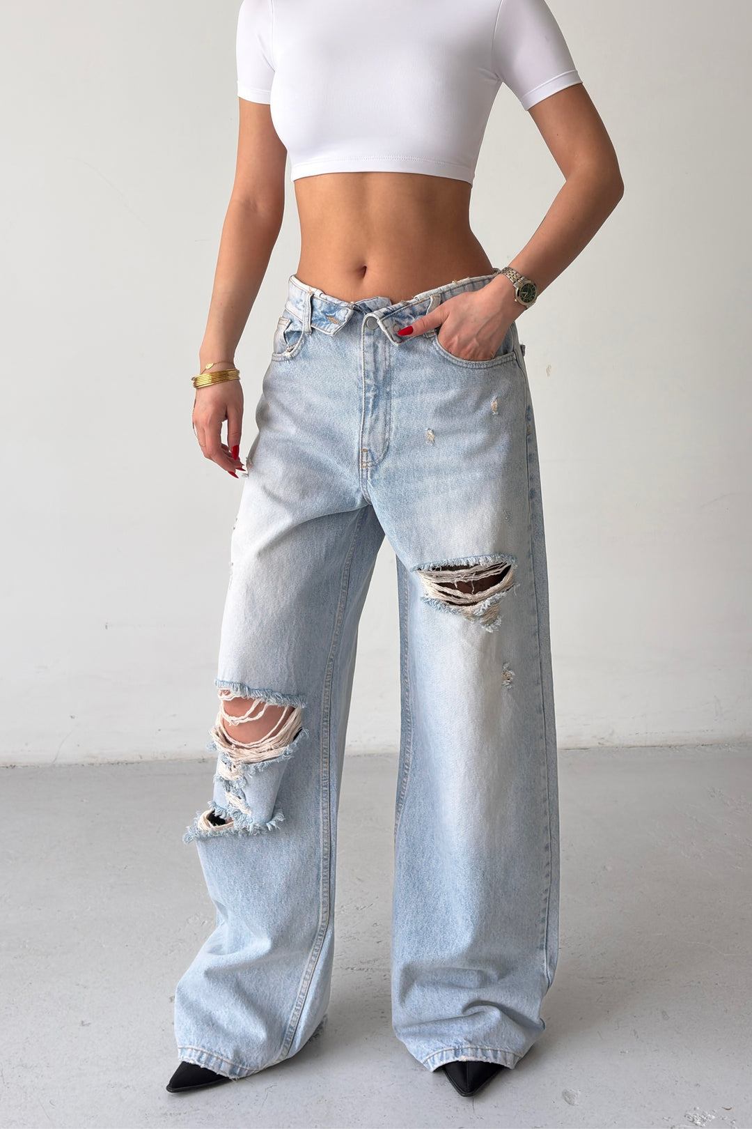 Routines Folded Waist Ripped Baggy Jeans 1480-11