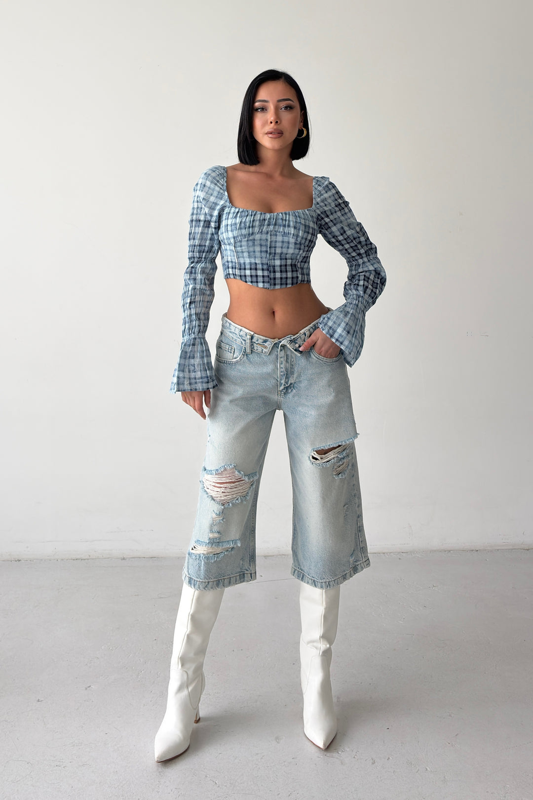 Routines Folded Waist Ripped Jorts - Light Blue 4556 - ROUTINES