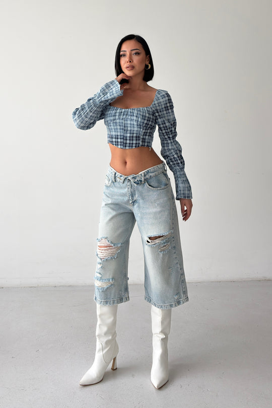 Routines Folded Waist Ripped Jorts - Light Blue 4556 - ROUTINES