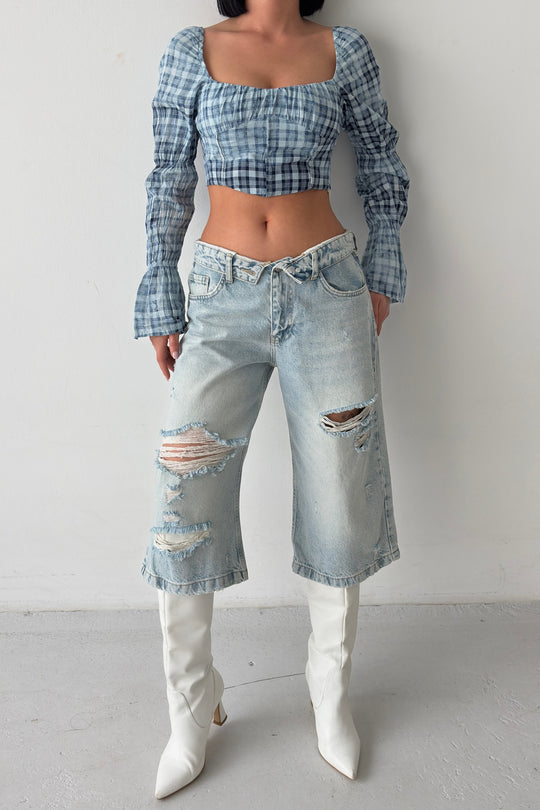 Routines Folded Waist Ripped Jorts - Light Blue 4556 - ROUTINES