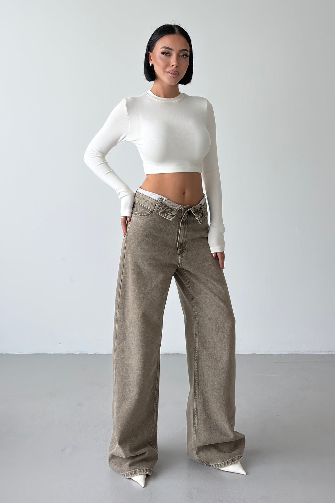 Routines Folded Waist Straight Jeans - Olive 3973 - ROUTINES