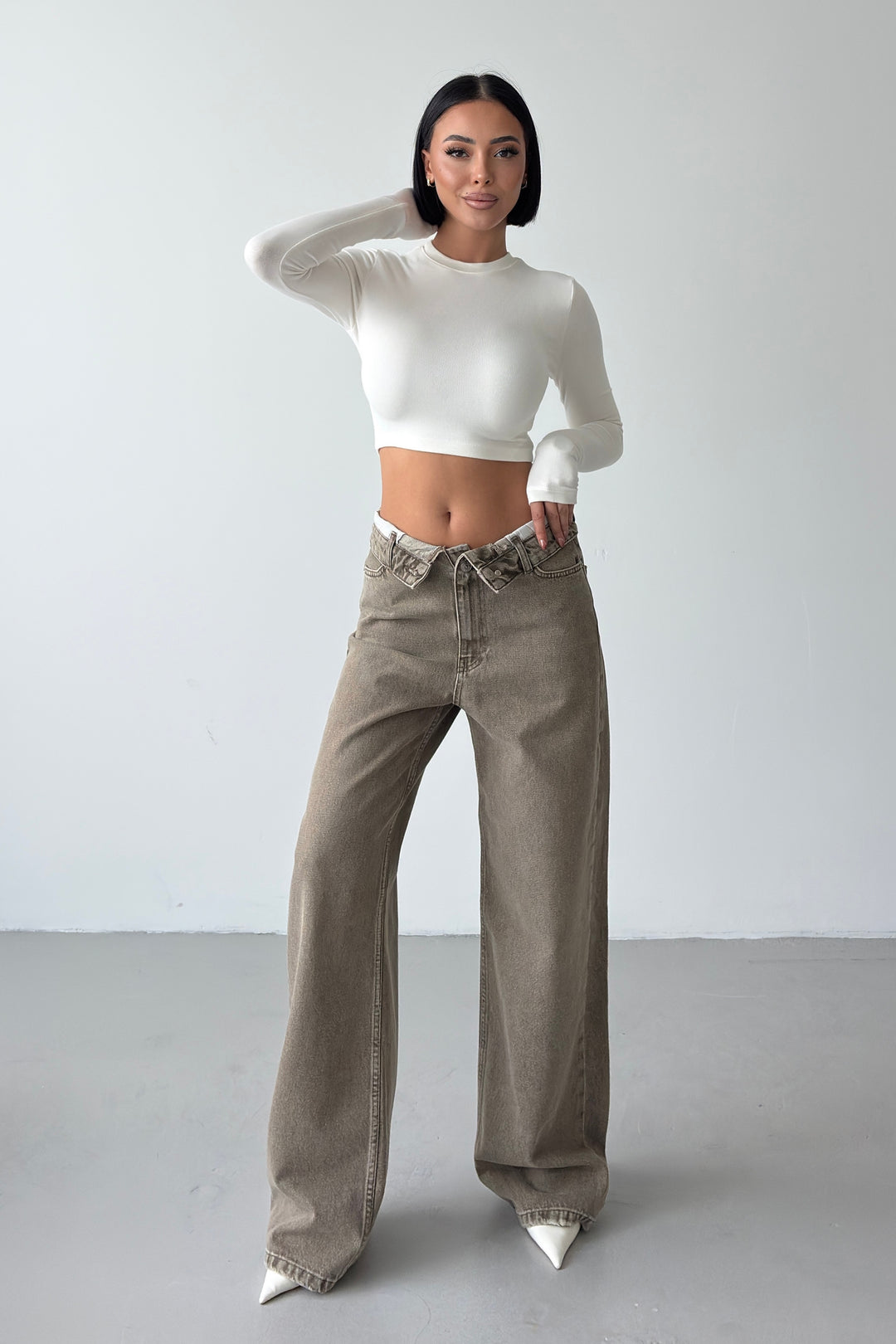 Routines Folded Waist Straight Jeans - Olive 3973 - ROUTINES