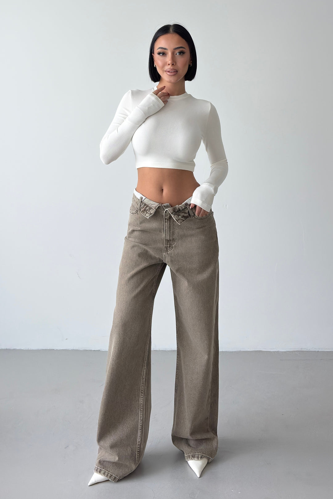 Routines Folded Waist Straight Jeans - Olive 3973 - ROUTINES